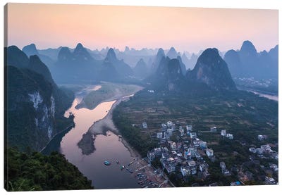 Sunset Over Li River, China Canvas Art Print - China Art