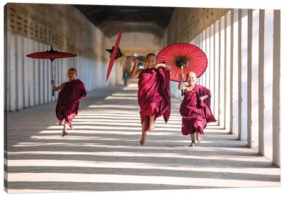 Three Monks Running, Burma Canvas Art Print - Monk Art