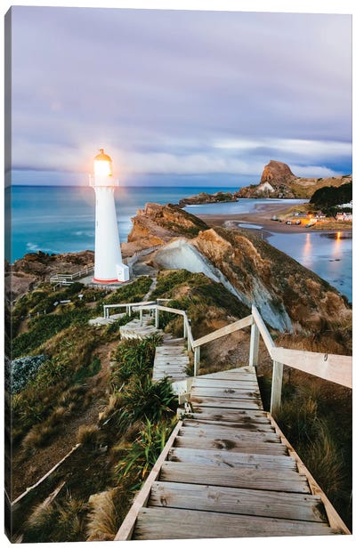 Castle Point Lighthouse At Dawn, Castlepoint, Wellington, North Island, New Zealand Canvas Art Print - Nautical Scenic Photography