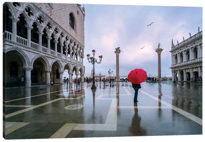 Woman In Flooded St Mark's Square, Venice Canvas Art Print - Column Art