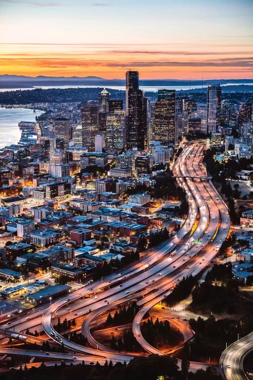 Aerial View Of Seattle At Dusk, USA