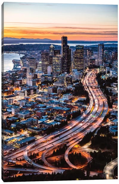 Aerial View Of Seattle At Dusk, USA Canvas Art Print - Seattle Skylines