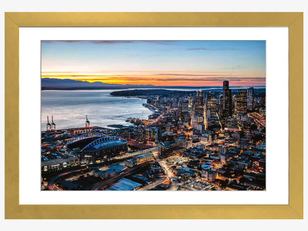 Framed Canvas Art (White Floating Frame) - The Space Needle and Skyline at Dawn, Seattle, USA II by Matteo Colombo ( places > North America > United