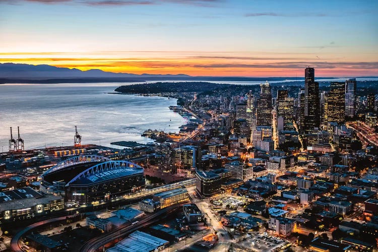 Aerial View Of Seattle Downtown Skyline At Dusk, USA