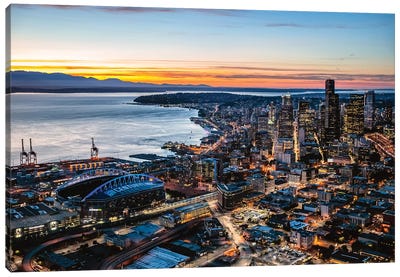 Aerial View Of Seattle Downtown Skyline At Dusk, USA Canvas Art Print - Washington