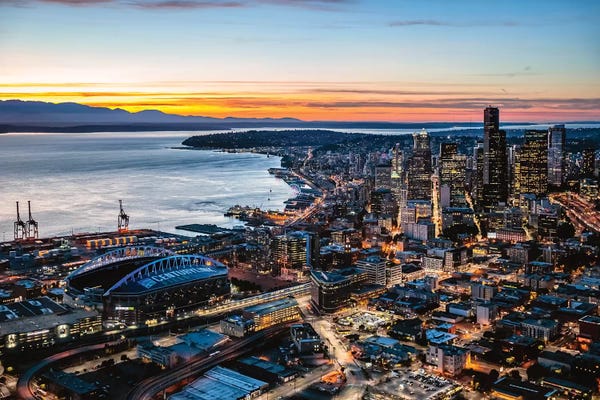 Seattle: Aerial View Of Seattle Downtown Skyline At Dusk, USA by Matteo Colombo