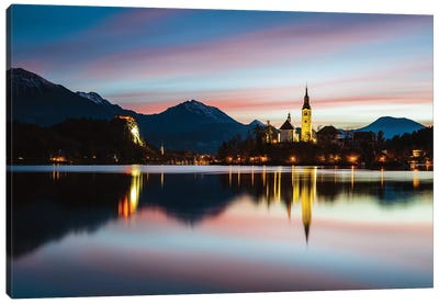 Bled Lake Sunrise, Slovenia Canvas Art Print - Lake & Ocean Sunrise & Sunset Art