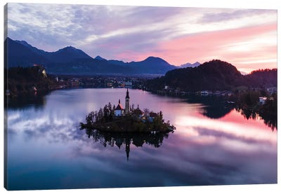 First Light On Bled Lake, Slovenia Canvas Art Print - Cloudy Sunset Art