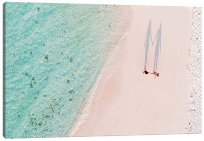 Hand In Hand On The Beach, Maldives Canvas Art Print - Aerial Photography