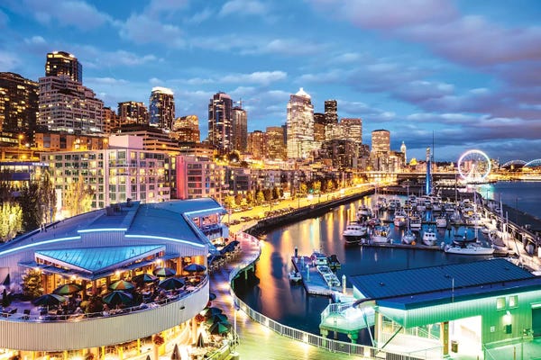 Matteo Colombo: Harbor And City At Dusk, Seattle, USA by Matteo Colombo