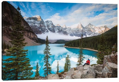 Man Sitting Near Moraine Lake, Banff National Park, Canada Canvas Art Print - Mountains Scenic Photography