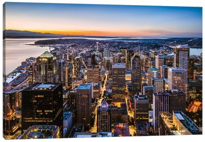 Skyline And Downtown At Dusk, Seattle, USA Canvas Art Print - Seattle Skylines