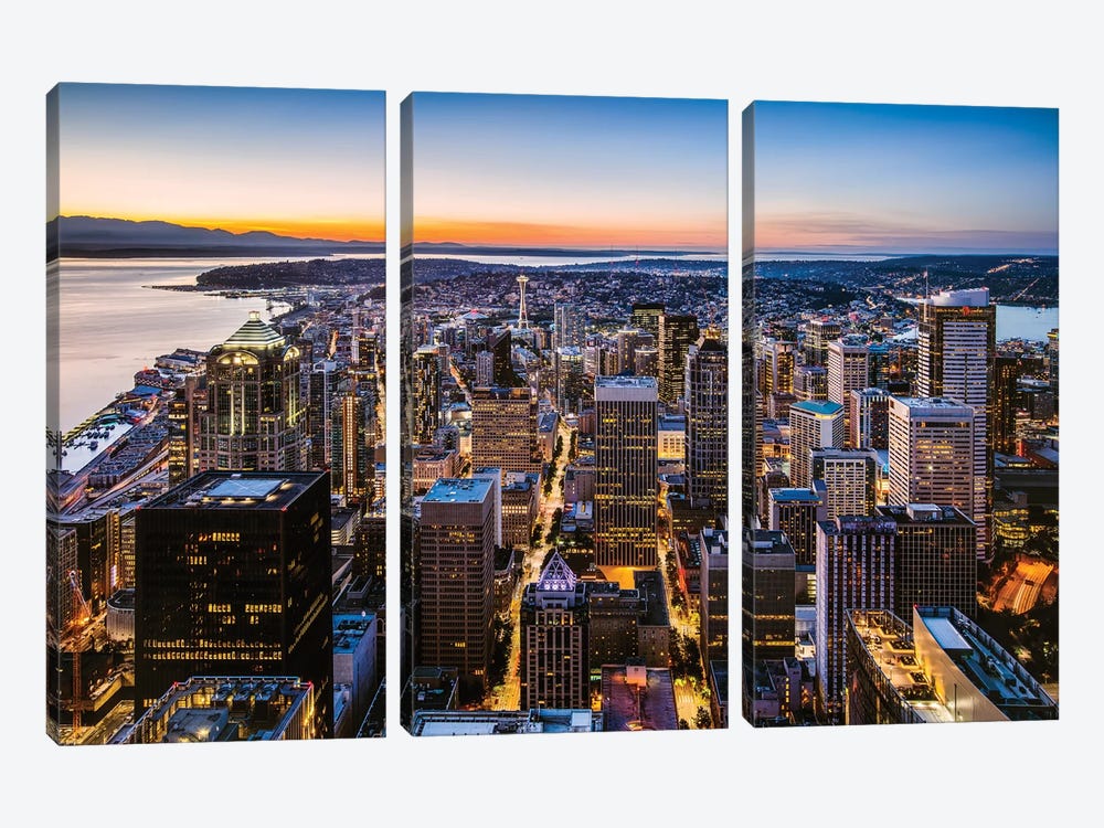 Skyline And Downtown At Dusk, Seattle, USA by Matteo Colombo 3-piece Canvas Print
