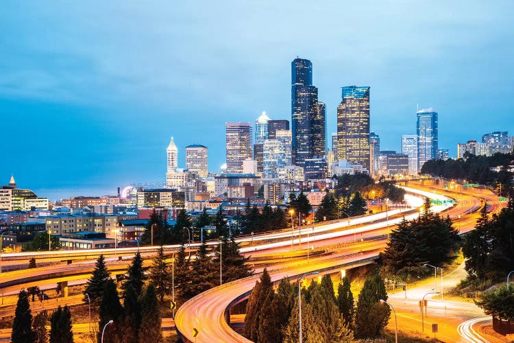 Skyline And Interstate At Dusk, Seattle, USA