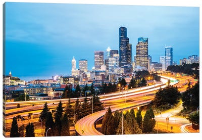 Skyline And Interstate At Dusk, Seattle, USA Canvas Art Print - Seattle Skylines