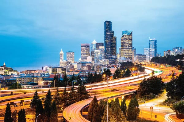 Matteo Colombo: Skyline And Interstate At Dusk, Seattle, USA by Matteo Colombo