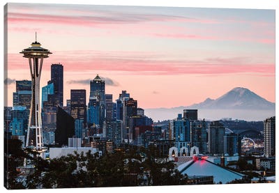 Skyline At Dawn With Mt. Rainier, Seattle, USA Canvas Art Print - Sunrise & Sunset Art