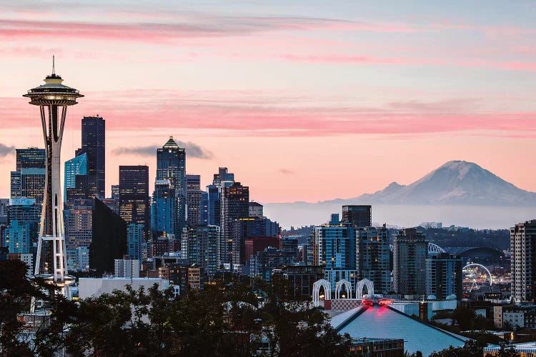 Skyline At Dawn With Mt. Rainier, Seattle, USA