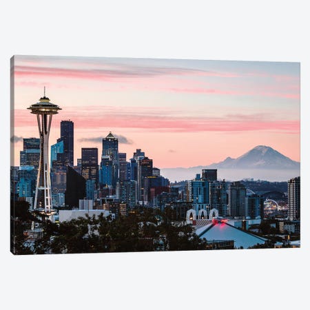 Skyline At Dawn With Mt. Rainier, Seattle, USA Canvas Print #TEO323} by Matteo Colombo Canvas Art Print