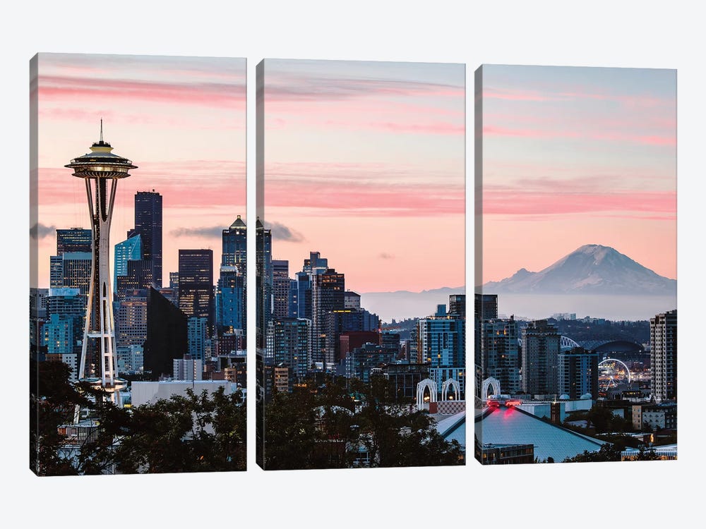 Skyline At Dawn With Mt. Rainier, Seattle, USA by Matteo Colombo 3-piece Art Print