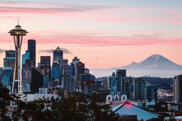Matteo Colombo: Skyline At Dawn With Mt. Rainier, Seattle, USA by Matteo Colombo
