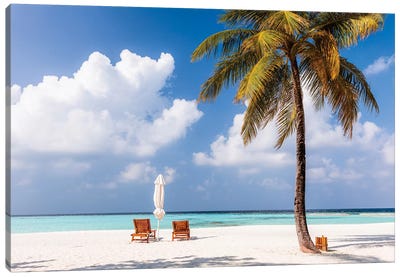 Sunchairs On A Beach In The Maldives Canvas Art Print - Beauty & Spa