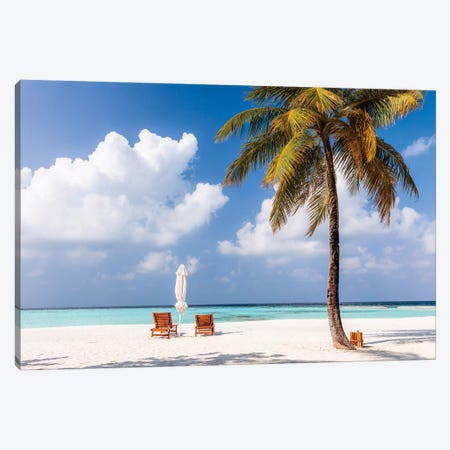 Sunchairs On A Beach In The Maldives Canvas Print #TEO325} by Matteo Colombo Canvas Artwork
