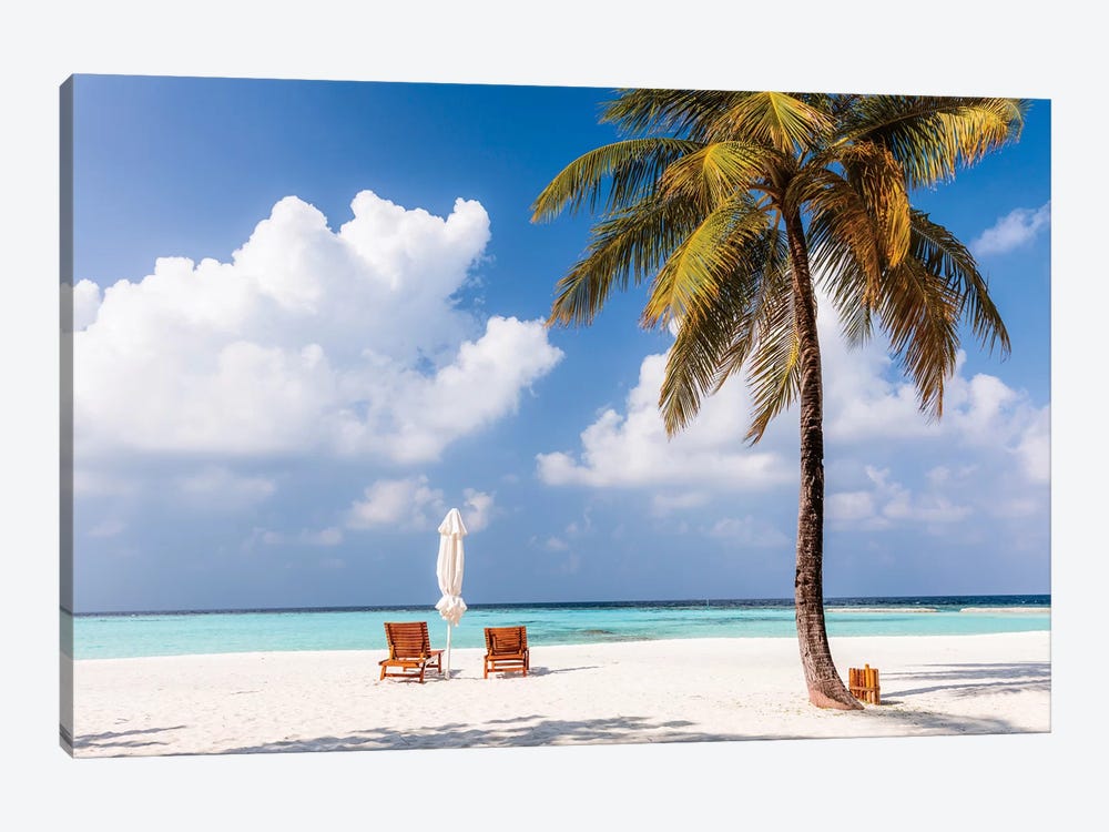 Sunchairs On A Beach In The Maldives by Matteo Colombo 1-piece Canvas Print