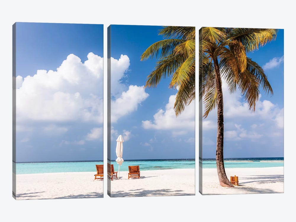Sunchairs On A Beach In The Maldives by Matteo Colombo 3-piece Canvas Art Print