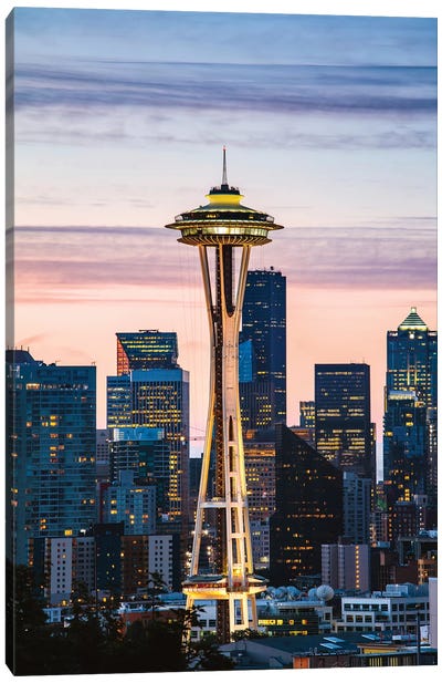 The Space Needle And Skyline At Dawn, Seattle, USA I Canvas Art Print - Building & Skyscraper Art