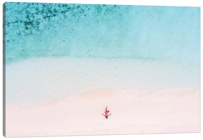Woman Relaxing On Beach, Maldives Canvas Art Print - Aerial Photography