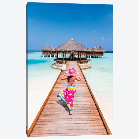 Woman With Sarong Walking On Jetty, Maldives Canvas Print #TEO331} by Matteo Colombo Canvas Wall Art