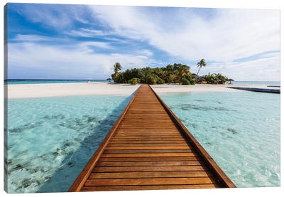 Wooden Jetty To A Tropical Island, Maldives Canvas Art Print - Tropical Beach Art