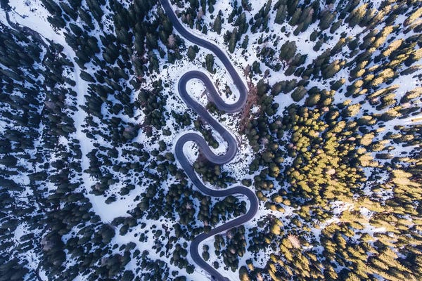 Aerial Photography: Curvy Road Through Forest by Matteo Colombo