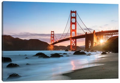 Dawn At The Golden Gate Canvas Art Print - Famous Architecture & Engineering