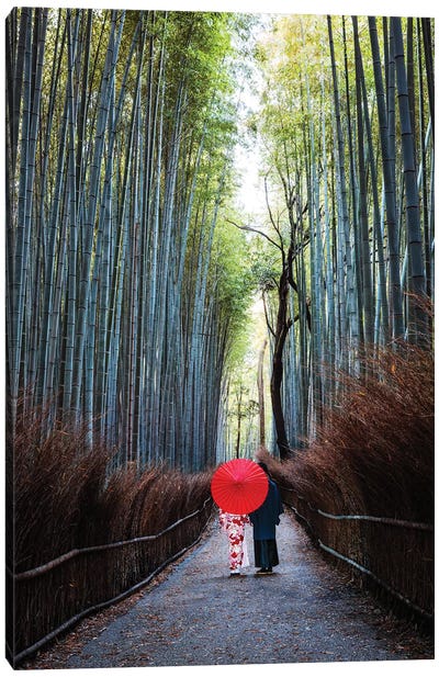 Japanese Couple At Arashiyama Forest, Kyoto I Canvas Art Print - Arashiyama Bamboo Forest
