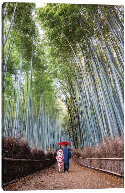 Japanese Couple At Arashiyama Forest, Kyoto II Canvas Art Print - Arashiyama Bamboo Forest