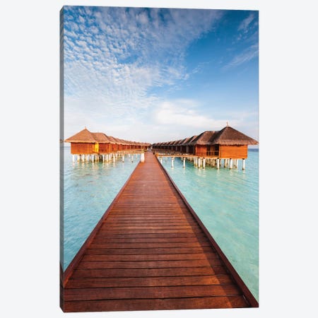 Jetty And Bungalows, Maldives Canvas Print #TEO378} by Matteo Colombo Canvas Artwork