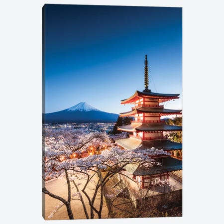 Pagoda And Cherry Trees, Fuji Five Lakes, Japan II Canvas Print #TEO407} by Matteo Colombo Canvas Print