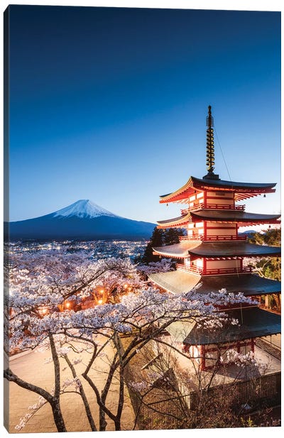 Pagoda And Cherry Trees, Fuji Five Lakes, Japan II Canvas Art Print - Pagodas