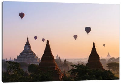 Hot Air Balloon Tours At Sunrise, Bagan Archaeological Zone, Mandalay Region, Republic Of The Union Of Myanmar Canvas Art Print - Adventure Art
