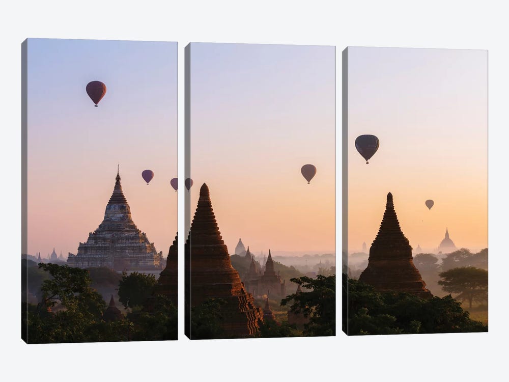 Hot Air Balloon Tours At Sunrise, Bagan Archaeological Zone, Mandalay Region, Republic Of The Union Of Myanmar by Matteo Colombo 3-piece Canvas Art Print