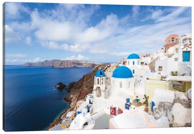 Iconic Blue Domed Churches, Oia, Santorini, Cyclades, Greece Canvas Art Print - Churches & Places of Worship