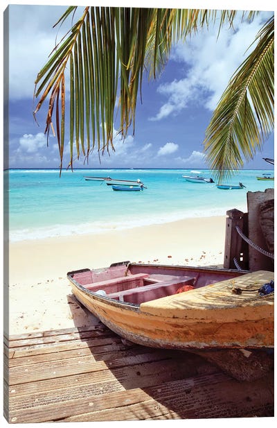 Fishing Boat In The Caribbean Canvas Art Print - Palm Tree Art