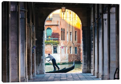 Gondolier In Venice Canvas Art Print - Arches