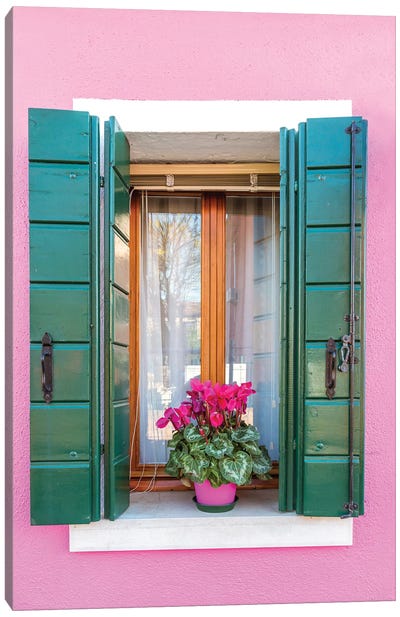 Pink Window In Burano, Venice Canvas Art Print - Veneto Art