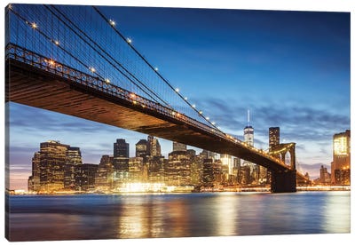 Brooklyn Bridge At Night, New York City Canvas Art Print - Famous Architecture & Engineering