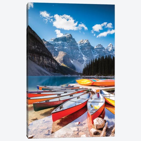 Canoes, Moraine Lake, Canada Canvas Print #TEO556} by Matteo Colombo Canvas Print