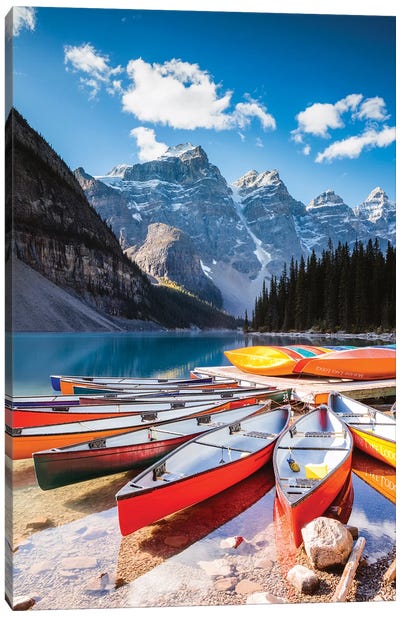 Canoes, Moraine Lake, Canada Canvas Art Print - Mountains Scenic Photography