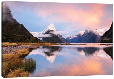 Milford Sound & Mitre Peak At Sunrise, South Island, New Zealand Canvas Art Print - Snowy Mountain Art